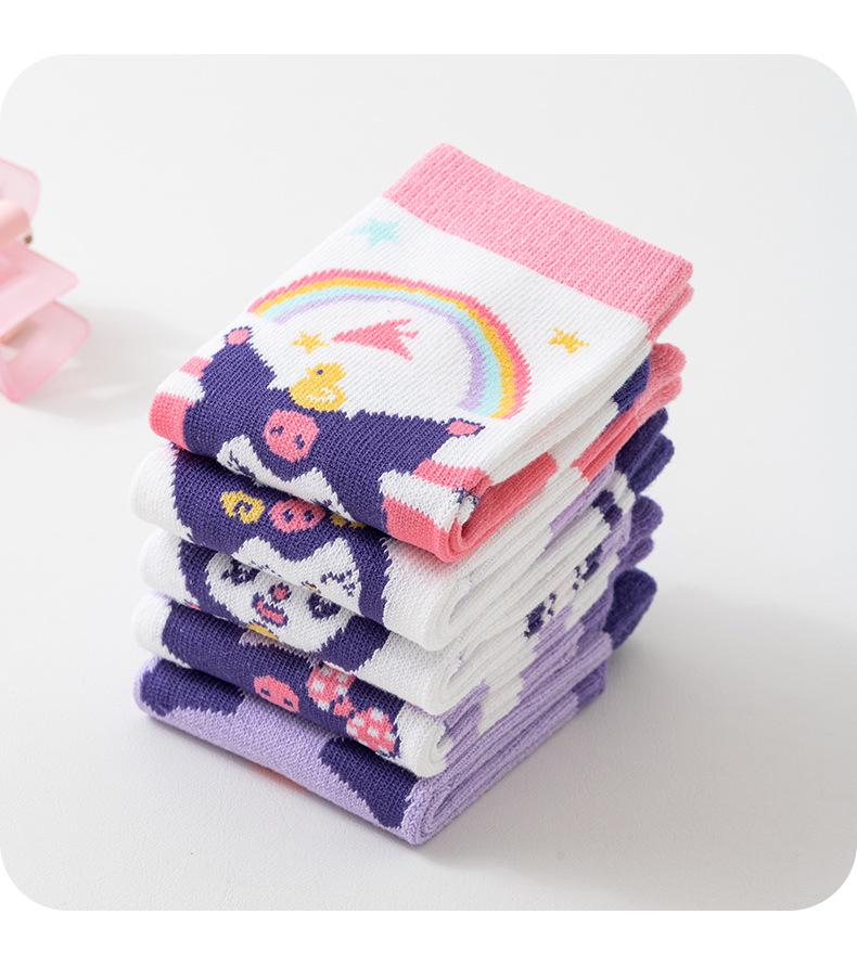 Kuromi Girls' Mid-Calf Cotton Socks - Cute Rainbow Design for Spring, Autumn, and Winter