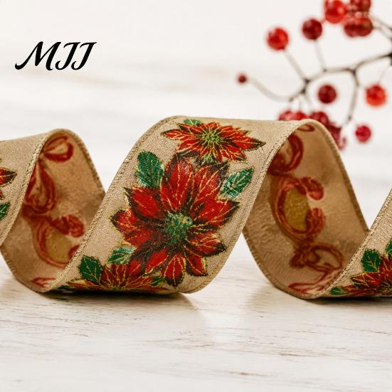 Linen Ribbon for Gift Wrapping 1 Roll Burlap Christmas Tree Decor, Vintage Patterned Bows Imitation Wired Fabric DIY Crafts And Wreaths, Holiday Craft