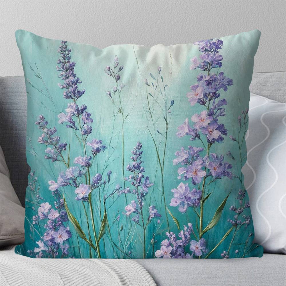 Purple Flower Oil Painting Pillow Case Fashion Square Pillowcase Bedroom Sofa Room Ins Decoration Leisure