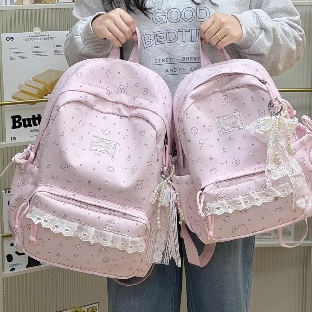 Schoolbag, Japanese-style INS cute cartoon print school bag, ballet-style lace trim, sweet soft girl travel mini backpack
