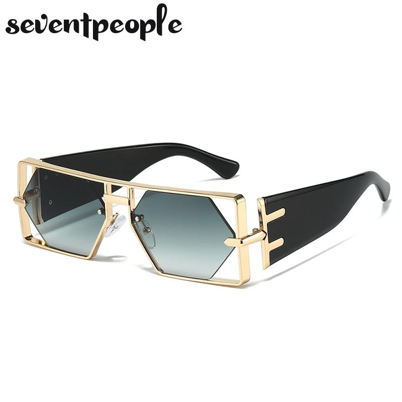Vintage Punk Rectangle Sunglasses Women New  Luxury Brand Trendy Hollow Hexagon Lenses Double Beam Shades For Ladies UV400