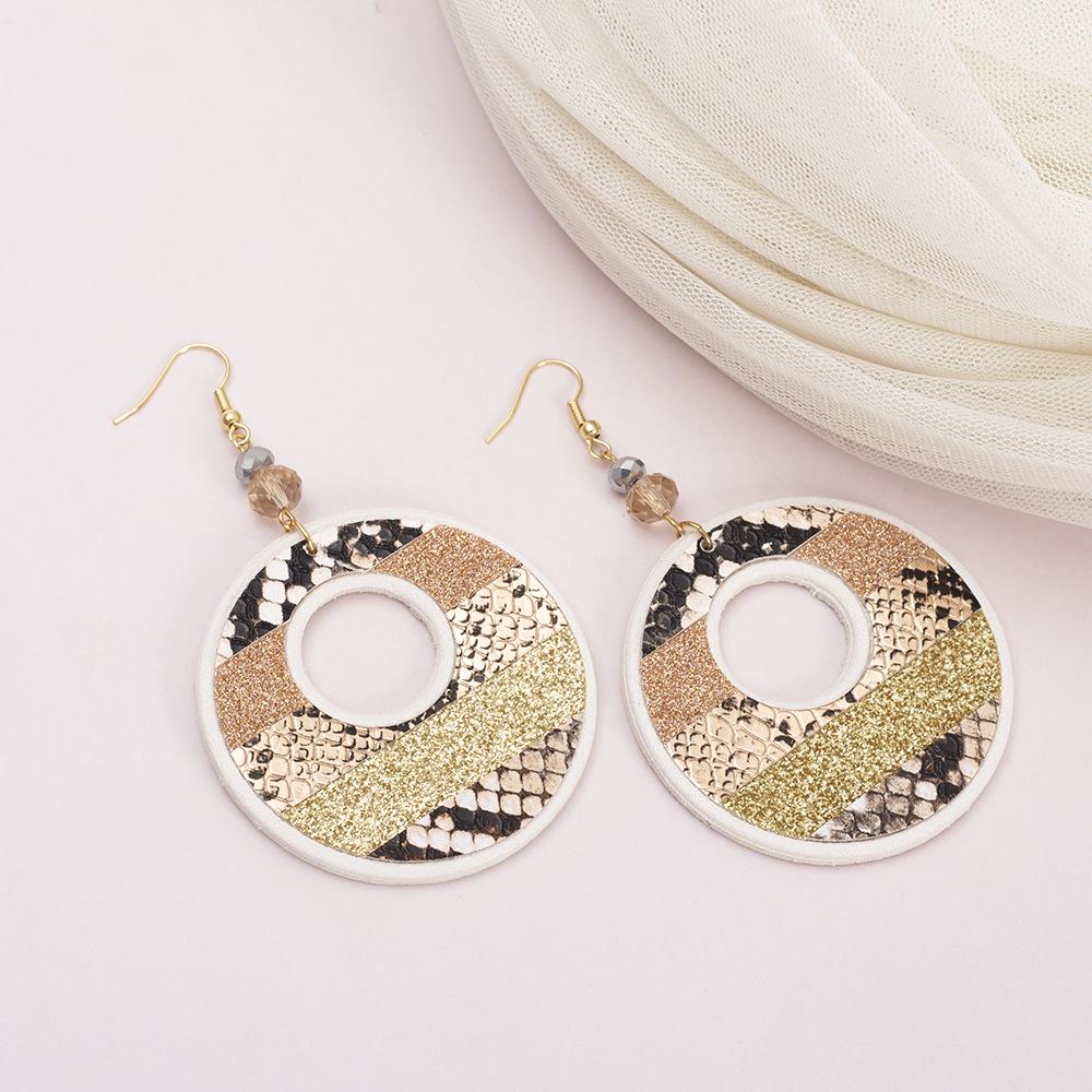 Women's Snakeskin Pattern Color Block Leather Earrings with Exaggerated Design and Round Hollow Water Drop Style