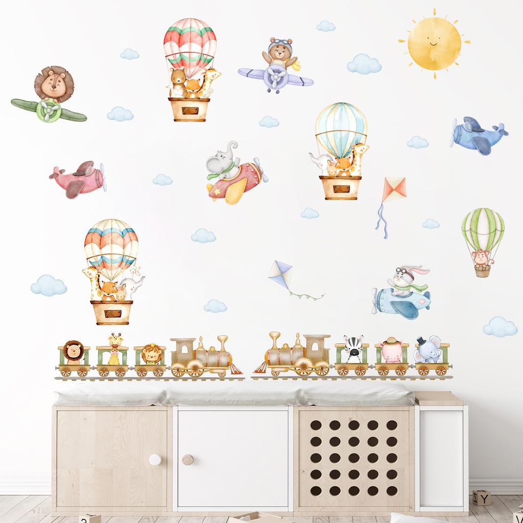 Children's Room Wall Stickers Cartoon Animals on Train Airplane Hot Air Balloon Wall Decals Baby Nursary Kindergarten Decoration