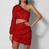Hottie Sexy Slanted Shoulder Single Sleeve Leopard Print Waist Hollow Fashion Hip Dress