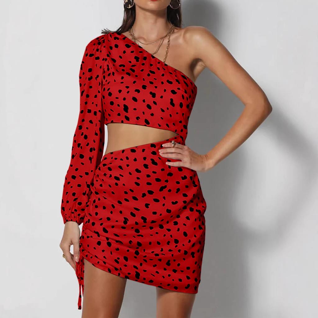 Hottie Sexy Slanted Shoulder Single Sleeve Leopard Print Waist Hollow Fashion Hip Dress