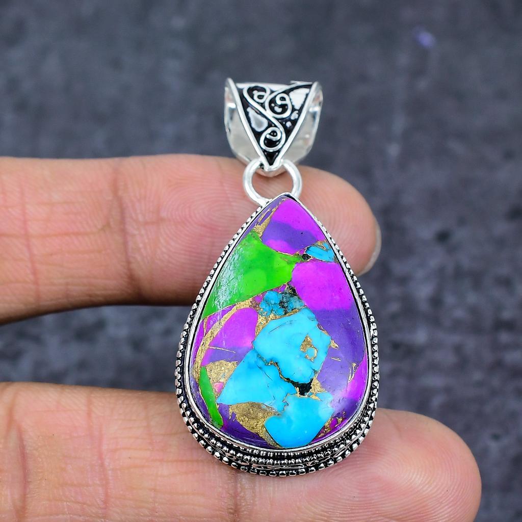 Natural Spiny Oyster Gemstone 925 Sterling Silver Jewelry Pendant 1.97" ET-4785