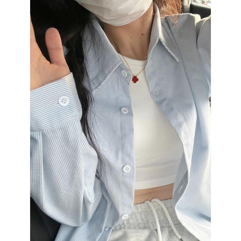 

Blue and White Contrast Color Idle Style Stripe Shirts Women Summer Loose Korean Series Long sleeve Stacked Shirt Sun Protection Thin Outerwear Blue Quality Edition S