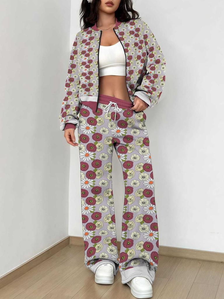 Purple Smudge 1116 Popular Autumn and Winter New European and American Women's Clothing Floral Printing Set