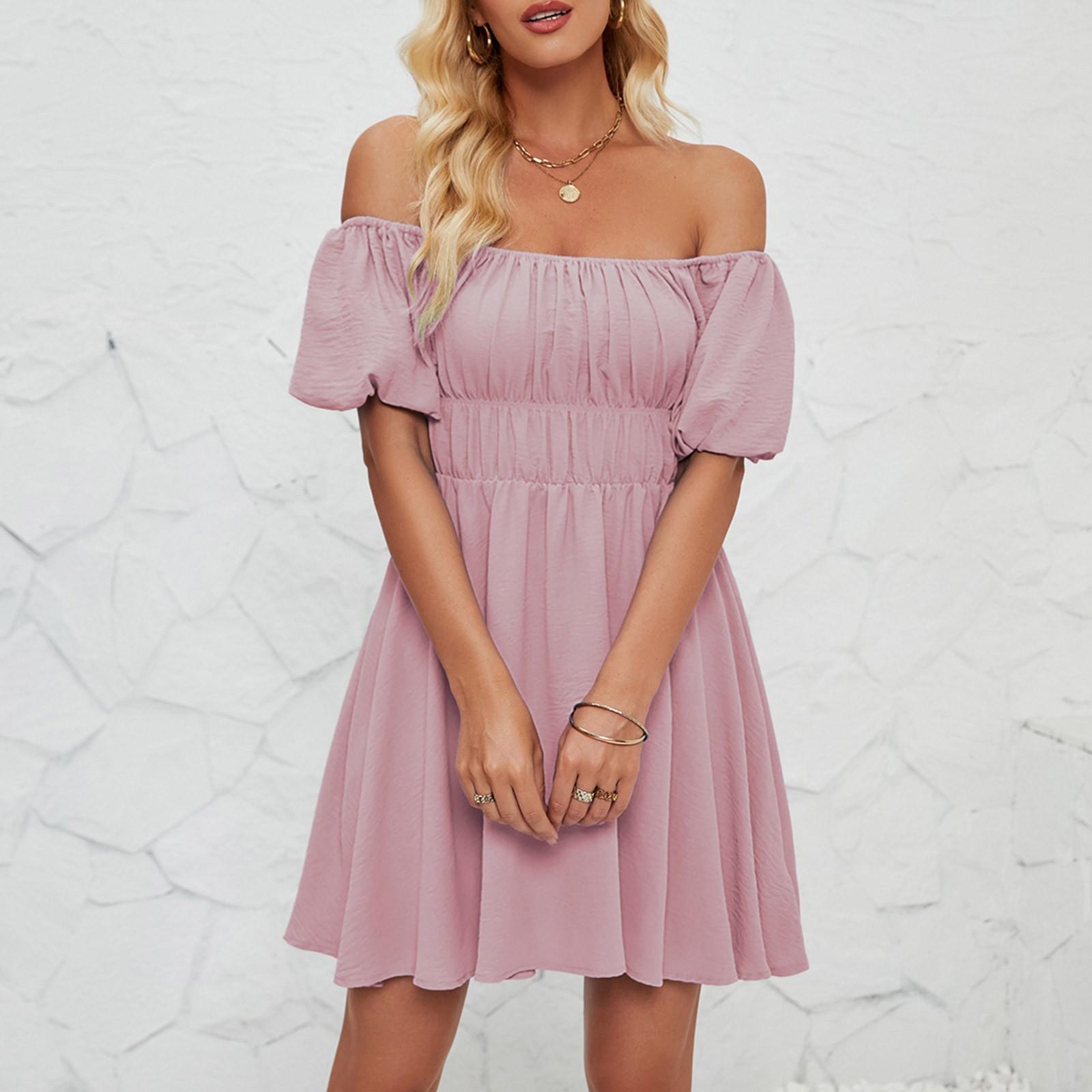 Женское модное однотонное платье с одной линией выреза и короткими рукавами — фото 10