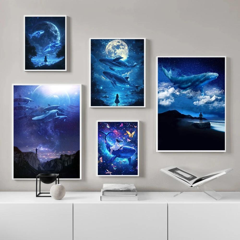 Dreamy Whale Posters Magical Serene Night Surreal Surrounded By Stars Prints Canvas Painting Art Wall Pictures Home Room Decor