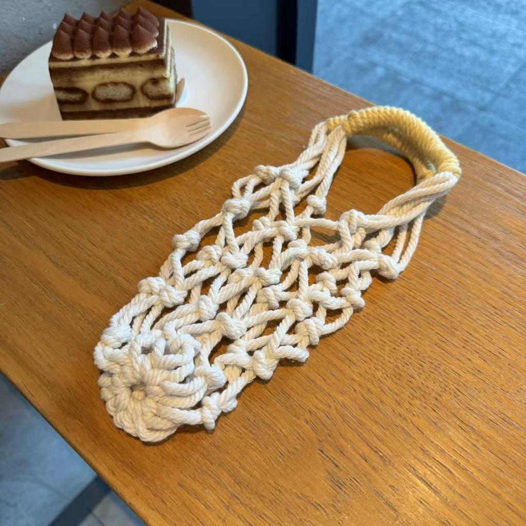 Portable Macrame Water Bottle Holder Hand Woven Cotton Rope Boho Cup Carrier for Coffee & Iced Drinks Outdoor Camping Supplies