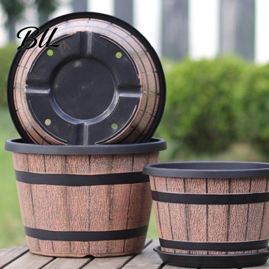 Brown Rustic Plant Pot Flowerpot Barrel Style Pots with Built-In Drainage Holes 8" Plastic-Inspired Finish Extra-Large, Thick Planter for Patio Garden