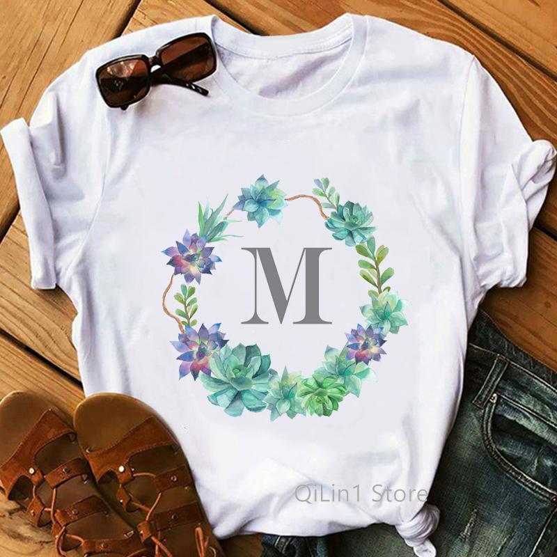 Floral Alphabet M Letter Print T-Shirt Women Summer Cute Top Female White Casual T Shirt Femme Graphic Tees Girls Tumblr Clothes