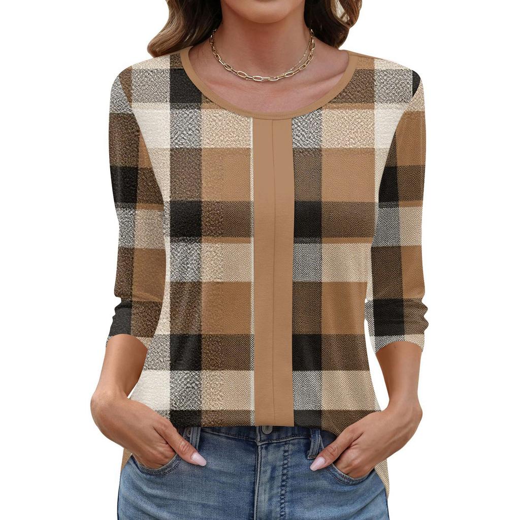 Women's Fashionable Casual Three Quarter Sleeve Printed Collar Pullover Top