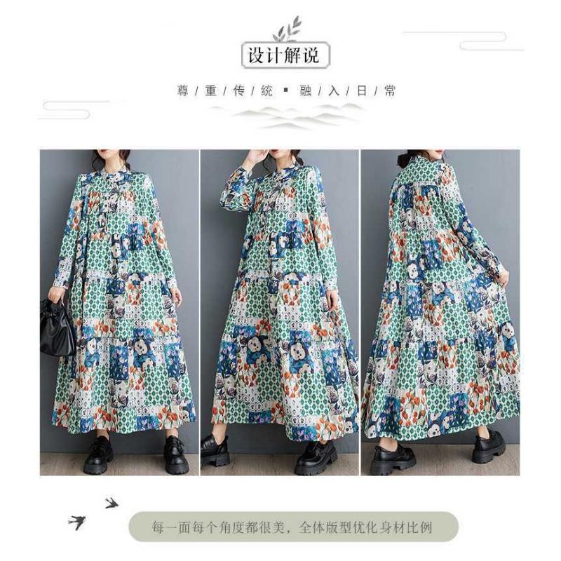 New Large Size Loose Thin Fashion Long-sleeved Printed Mid-length Dresses