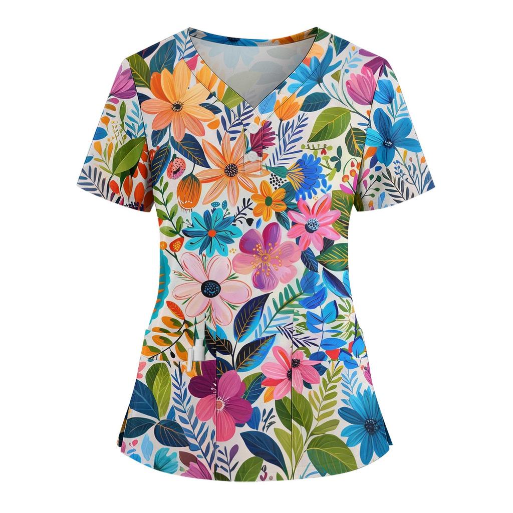Women's Loose Short Sleeved Fashionable Flowers And Plants Printing V-neck Buttonable Side Slit Top T-shirt