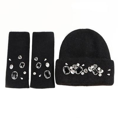 Knit Arm Knit Cold M Knit Cap Set [DIVA Rose] Cap, Women's Hat, Cover, Cute, Stylish, Beanie, Cap, Autumn, Winter, Sparkling, Protection, (Black)