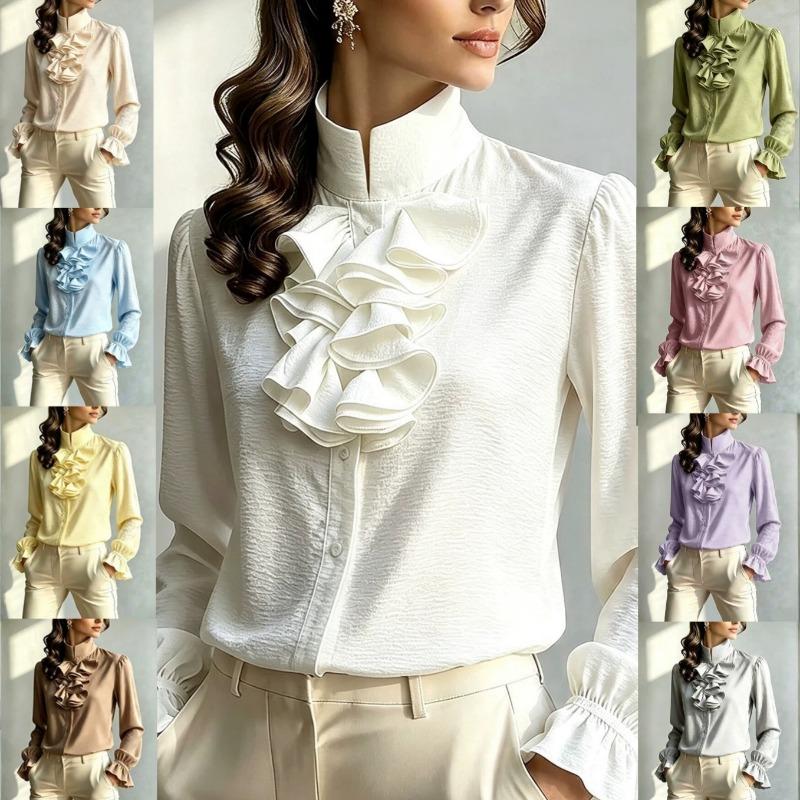 Women S Stand Collar Long Sleeve Solid Polyester Shirt Elegant Commuter Style