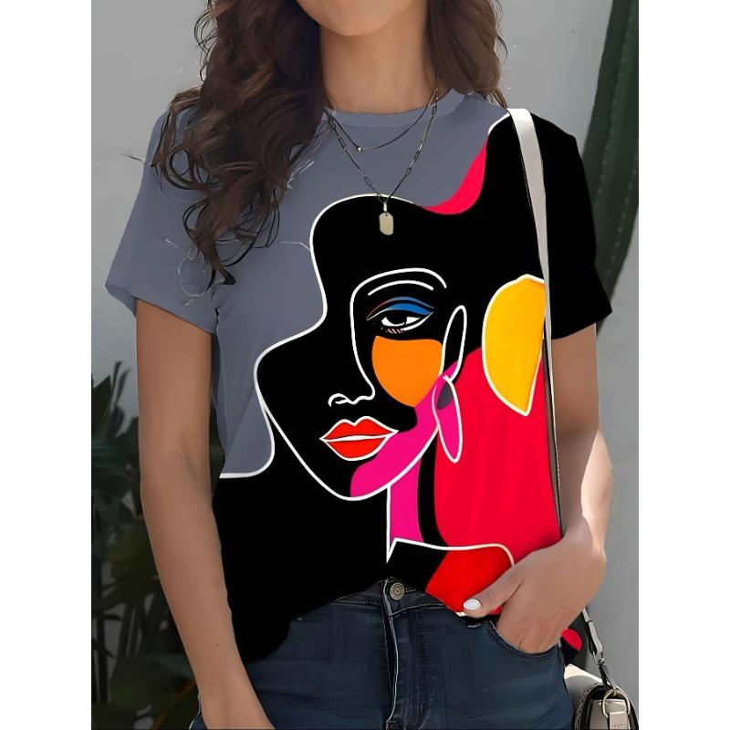 Summer Round Neck 3D Girl Print Top Fashionable Casual Short Sleeved Women's T-shirts