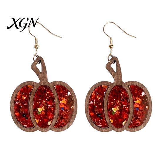 Gift for Her 1 Pair Fall Thanksgiving Pumpkin Earrings Women, Wooden Hypoallergenic Sensitive Ears Shaped Dangle Drop Earrings, Autumn Halloween
