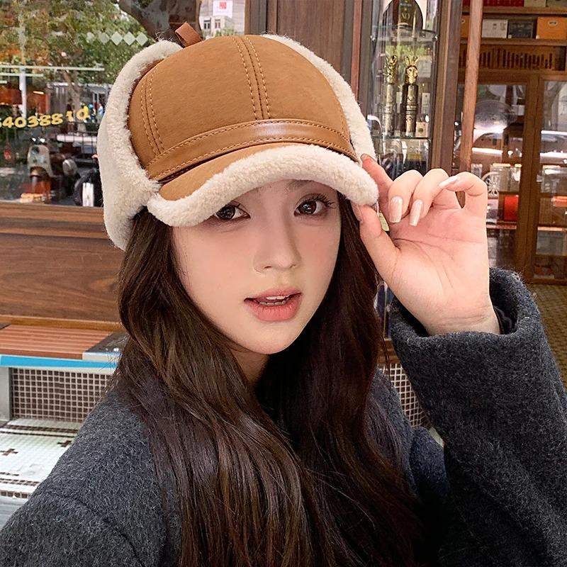 Women Fur Lamb Wool Warm Thick Earflaps Bomber Hats Girls Fur Baseball Cap Russian Unisex Hight Quality Hat Winter Leather Hat