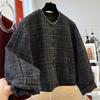 Manteau court en tweed français pour femme, col rond - Automne/Hiver, style coréen, cardigan matelassé en coton