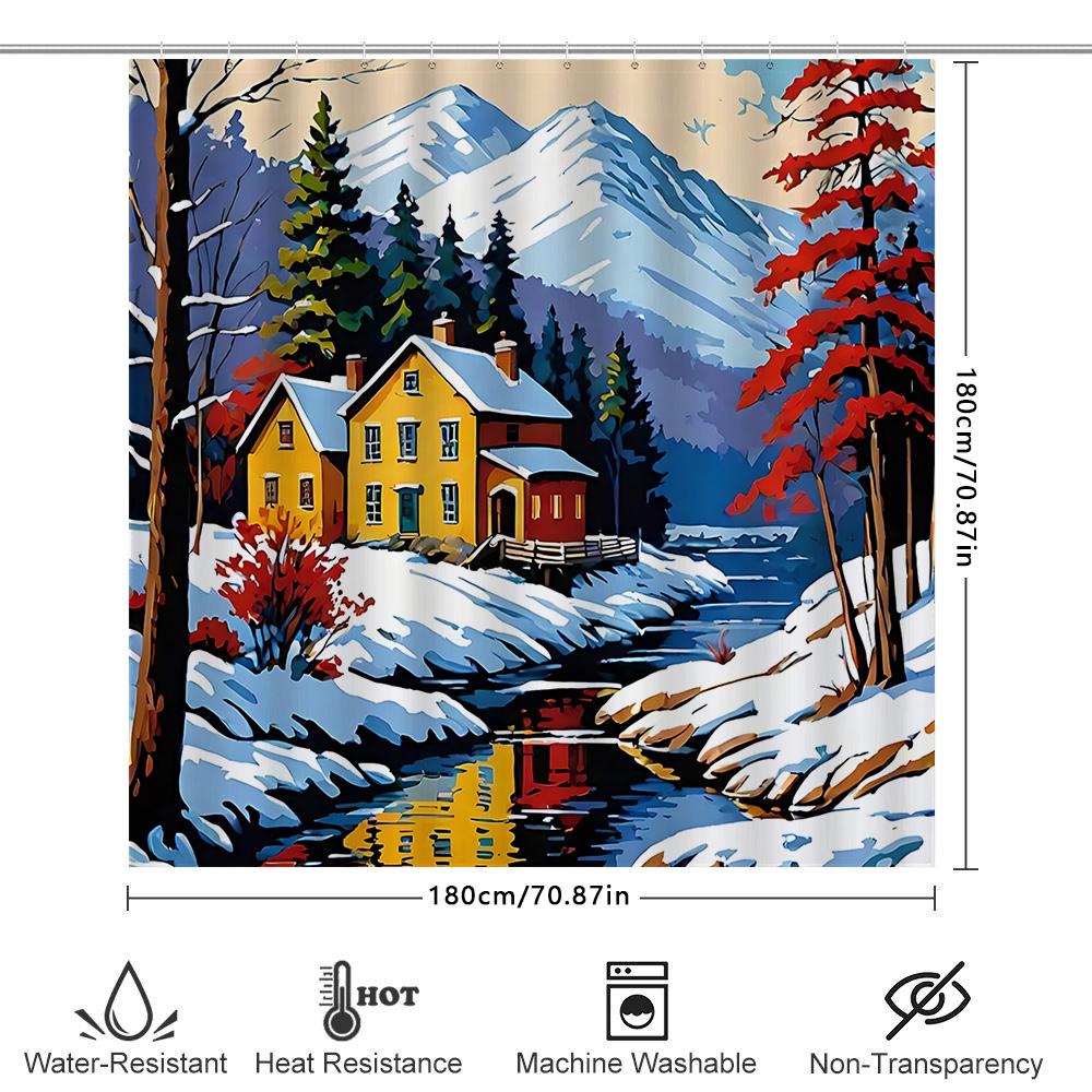 

Winter Landscape Shower Curtain With Snowy Mountains And Yellow Houses Watercolor Print For Bathroom Decor Waterproof Durable W60H190(CM)-1 Pcs