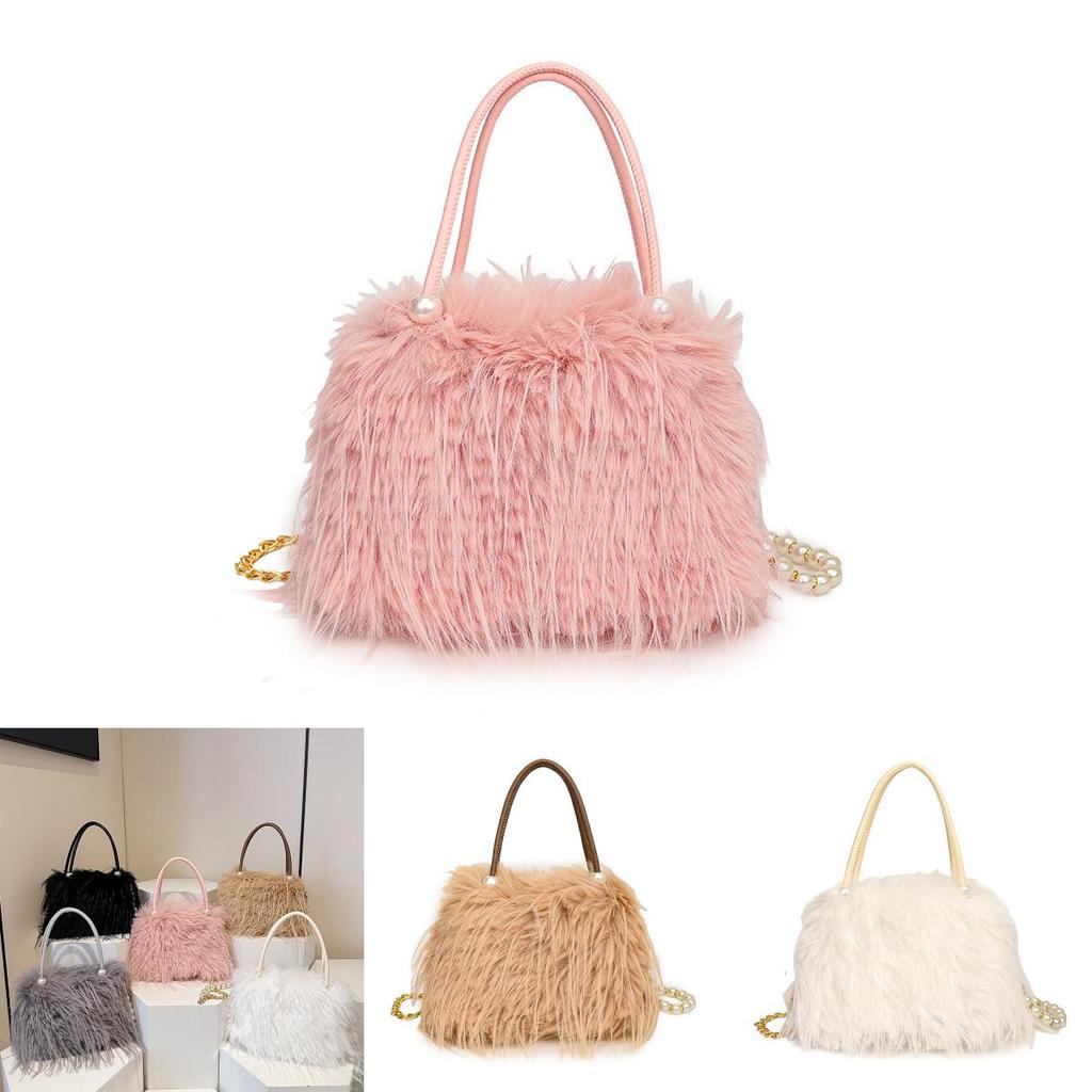 Solid Color Plush Handbag With Zipper And Chain For Women