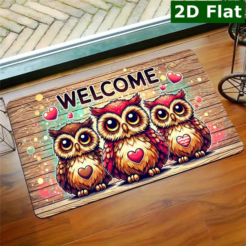 2D Flat Welcome Owls Wood Grain Background Flannel Door Mat Non Slip Cute Animal Rug For Entryway Kids Room Floor