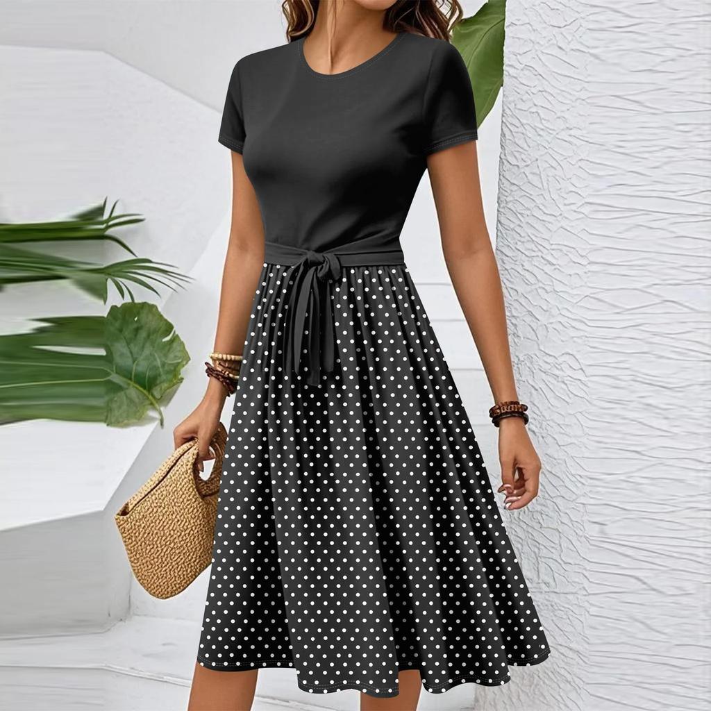 Women's Casual Fashion Belted Vintage Printed Short Sleeve Round Neck Elegant Dress