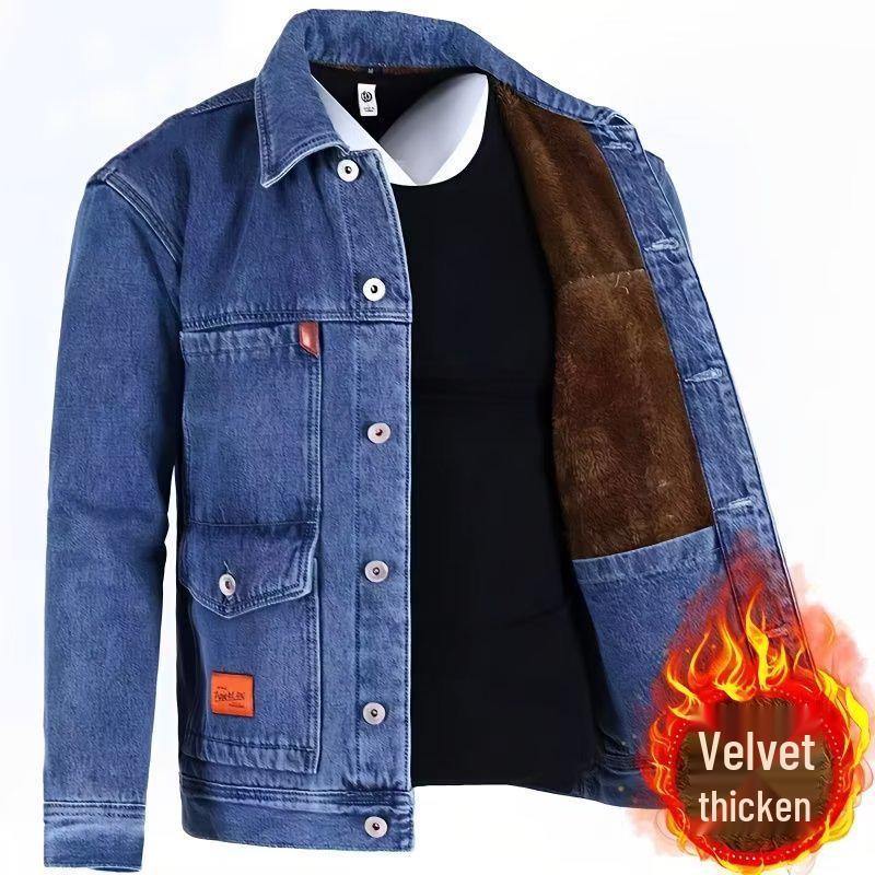 

Men s Plus Size Thickened Velvet Denim Workwear Jacket - Warm & Dirt-Resistant M темно-синього кольору