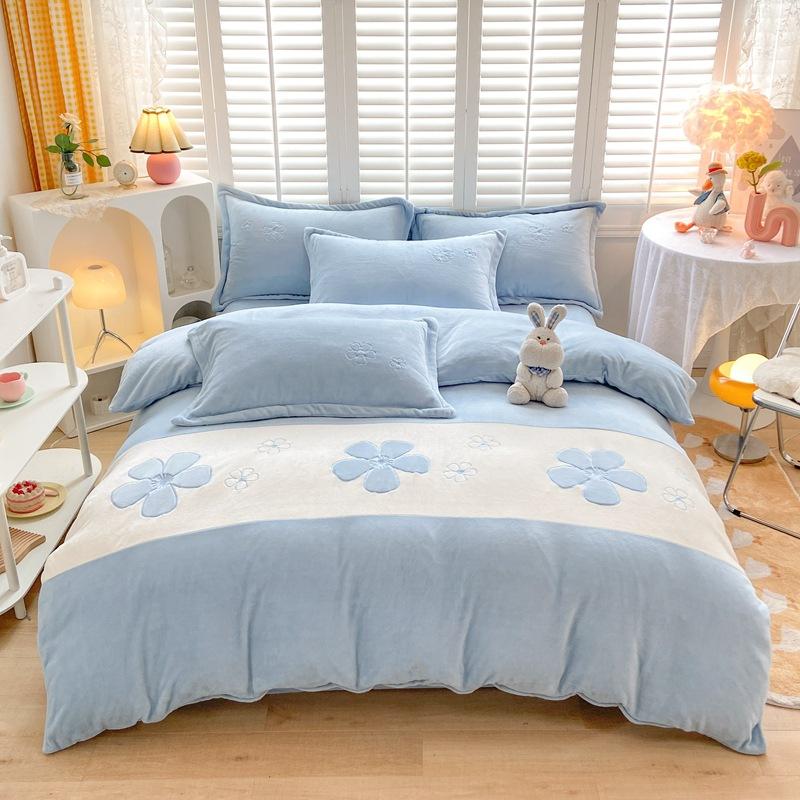 Four-piece Set of Embroidered Thickened Thermal Fleece Quilt Cover Sheets and Bedding