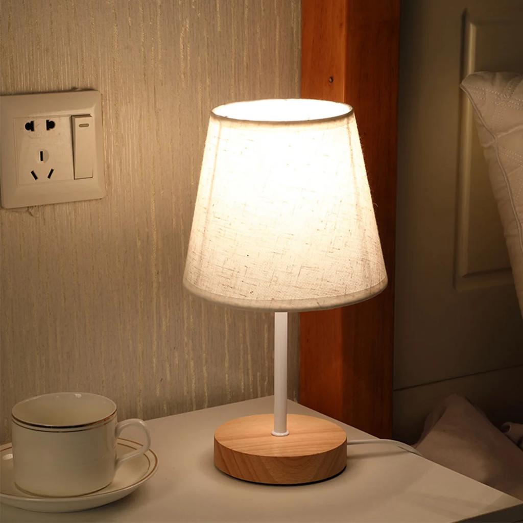 Wooden Table Lamp USB Powered Nightstand Lamp Warm Light Bedside Lamp with Cylinder Lamp Shade Desk Light Bedroom Home Decor