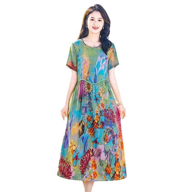 Summer Fashion Printed Chiffon Dress for Middle-aged Women - Short Sleeve, Mid-length