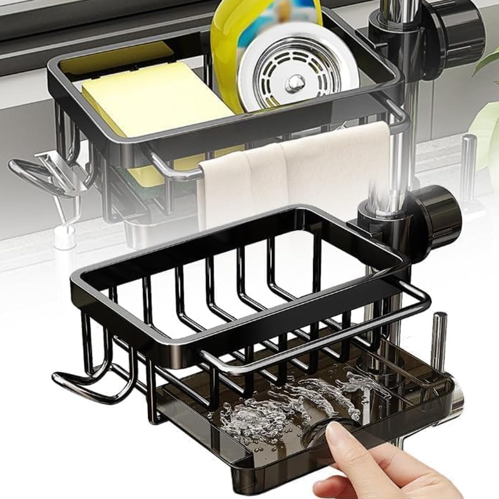 

Kitchen Sink Faucet Organizer Dish Drain Rack, Rustproof Sponge Stand Adjustable Holder Sink Caddy Gadgets Storage Accessories 26x14x5cm left&1-tier чорний
