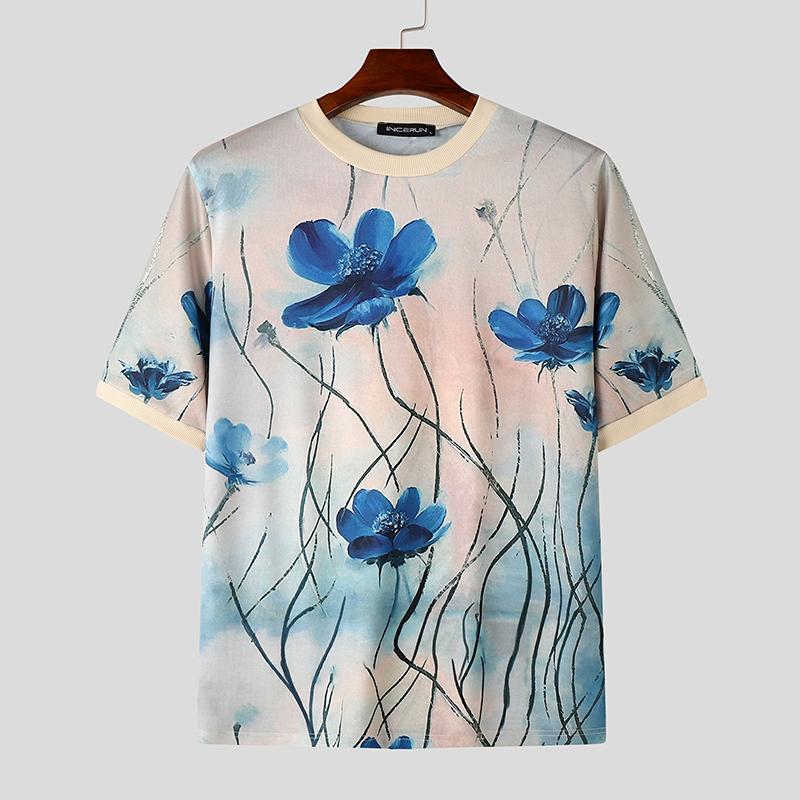 

INCERUN Мужские футболки с коротким рукавом и цветочным принтом с круглым вырезом Летние топы в стиле пэчворк 3XL синий