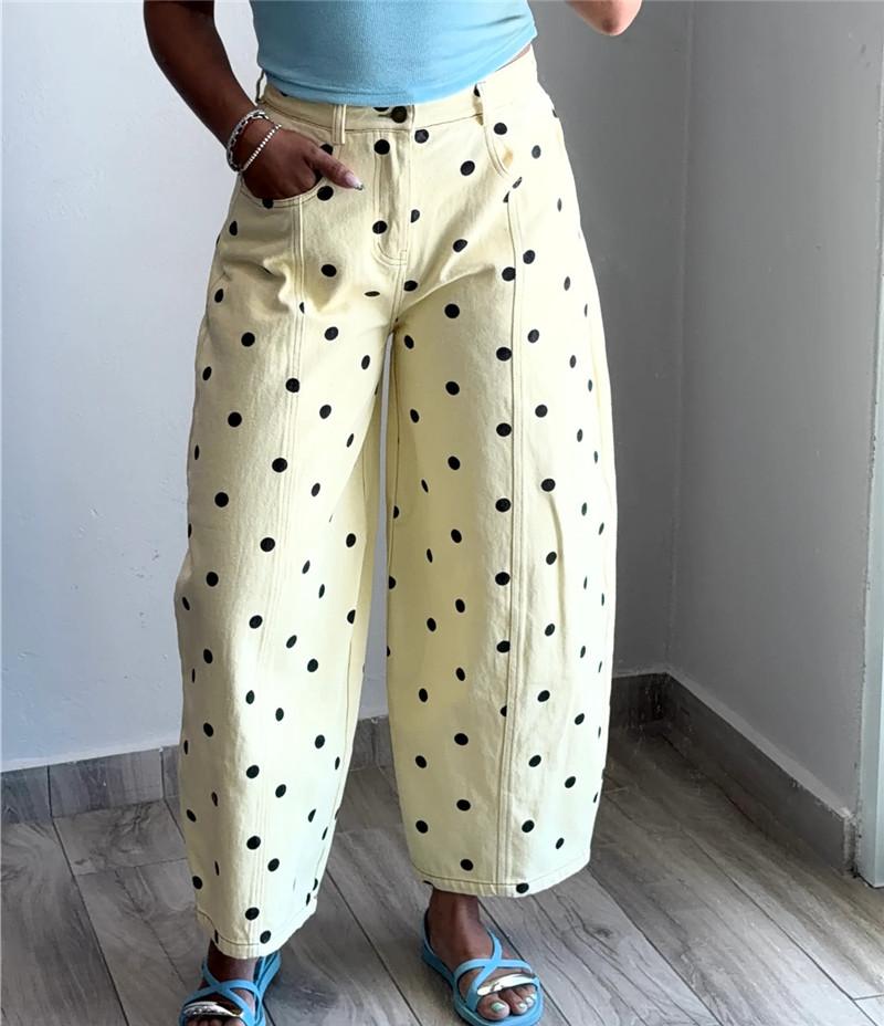 Retro Polka Dot Print Barrel Cropped Jeans Women High Waist Seam Detail Loose Baggy Denim Pants Beach Holiday Casual Bottoms