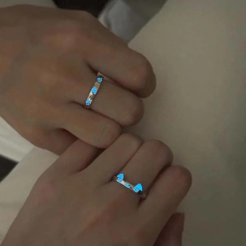 1/2Pcs  Blue Luminous Cat Dog Couple Rings Creative Glowing In The Dark Rings Jewelry For Men Women Valentine's Day Gift