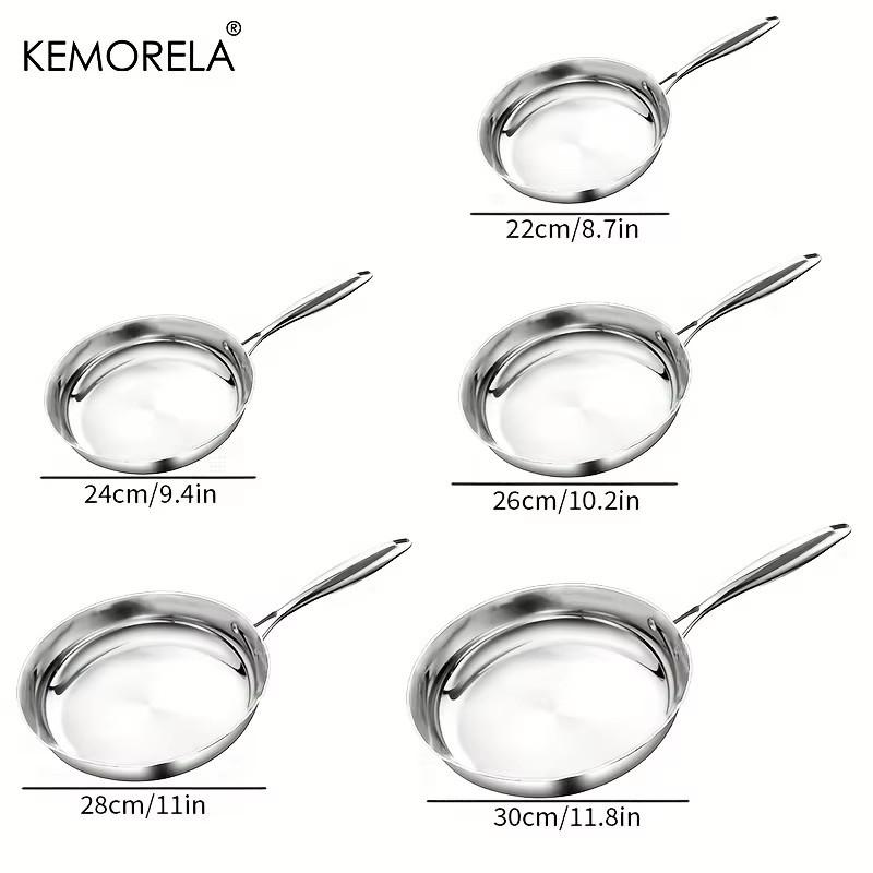 Poêle à Frire en Acier Inoxydable 304 Surface Brillante Non Revêtue Poêle à Frire Poêle à Frire en Acier Composite à Trois Couches Plusieurs Tailles Disponibles
