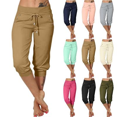 Calças para mulheres Casual Verão Cordão Cintura Elástica Calça Com Bolsos