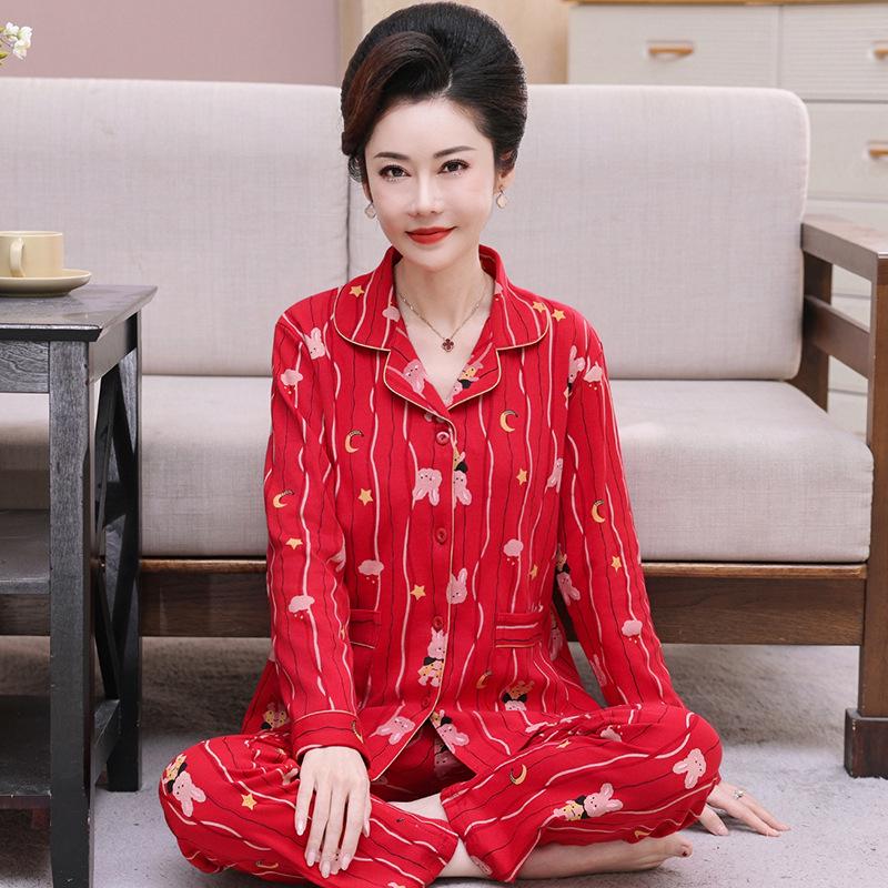 Festive Red Pure Cotton Long-Sleeve Pajama Set for Middle-Aged & Elderly Women (2026)