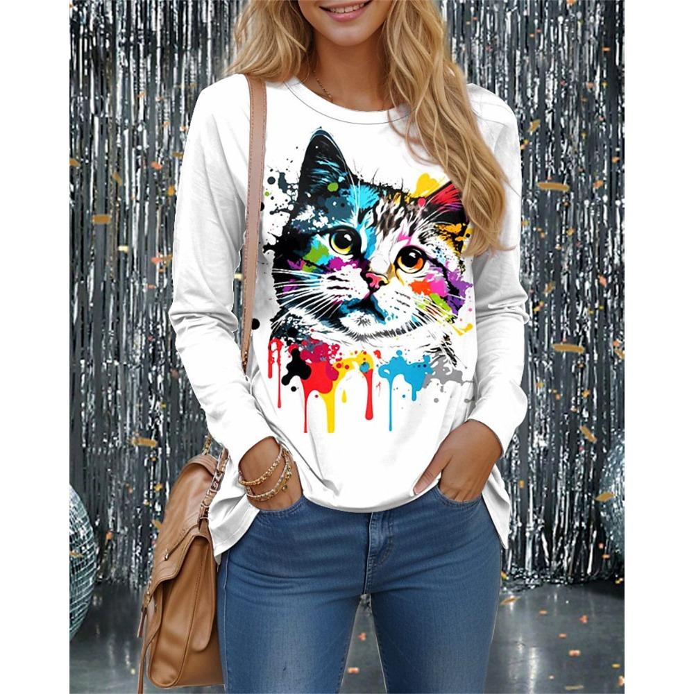 

Весенне-осенние футболки с круглым вырезом и 3D-принтом с красочным котом, модные повседневные женские футболки с длинным рукавом 5XL