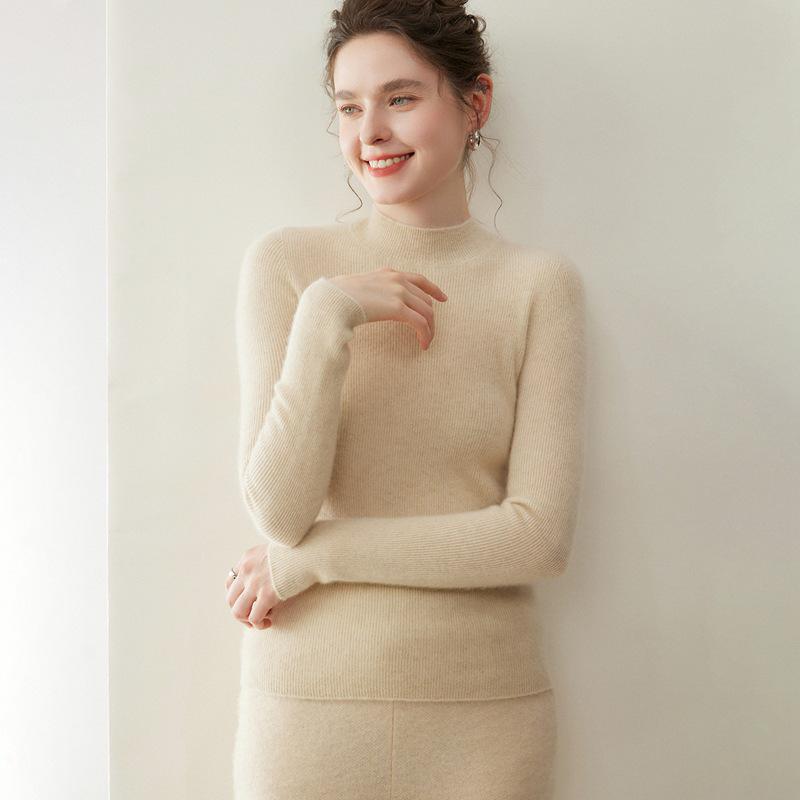 Light & Soft Pure Cashmere Women's Sweater – Half-High Neck, Seamless Knit, Slim Fit, Knitted Base Layer