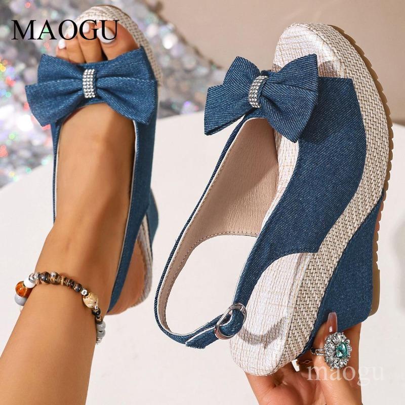 Peep Toe Bow-Knot Slingback Sandals Espadrille Platform Wedges Breathable Denim Sandals Ankle Strap Casual Summer Shoes Woman