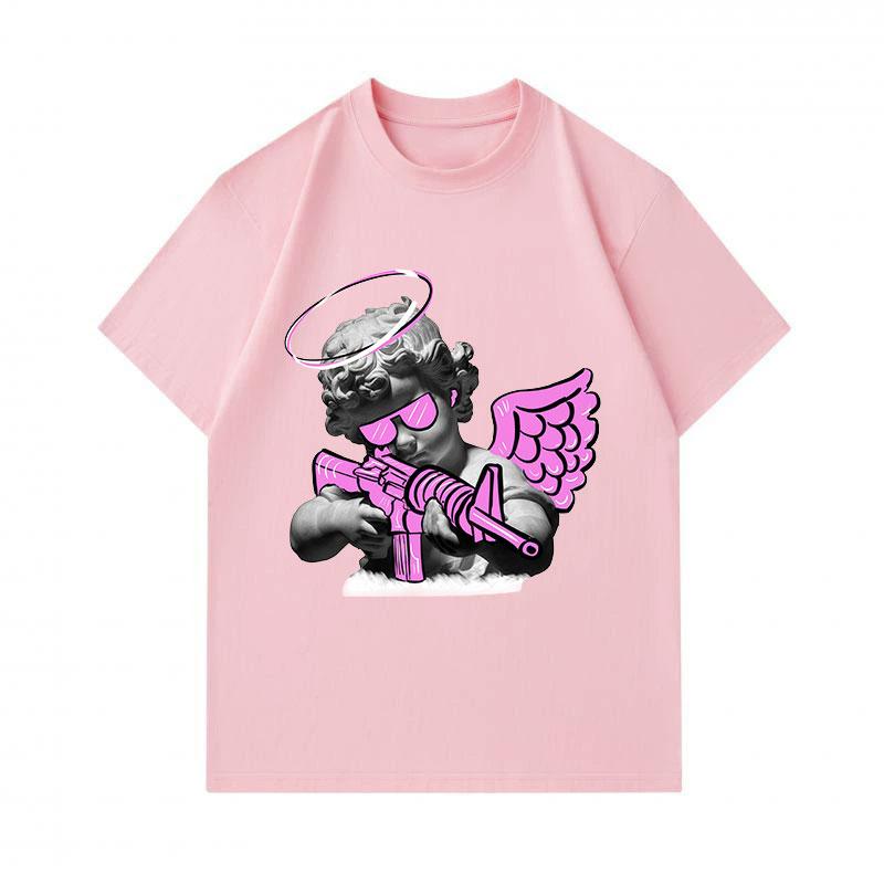 Men's 100% Cotton Crew Neck Short Sleeve T-Shirt, Cool Neon Pink Angel Cherub with Gun Printed Casual Lightweight Summer Daily Tee for Streetwear Love