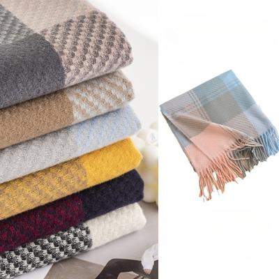 Texture Large Plaid Scarf for Men and Women College Style Contrasting Color Imitation Cashmere Tassels Mid Length Shawl Trend