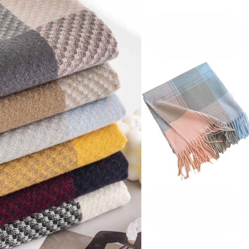 Texture Large Plaid Scarf for Men and Women College Style Contrasting Color Imitation Cashmere Tassels Mid Length Shawl Trend