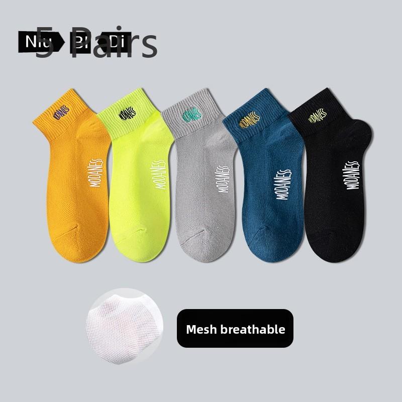 5 Pairs of Men's Spring and Autumn Pure Cotton Sweat Absorbing Breathable Mesh Thin Socks