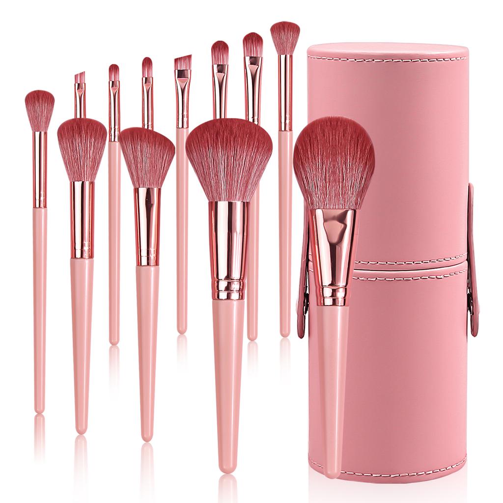 12Pcs Pink Makeup Brush Set with Multifunctional Storage Tube - Soft Bristle Powder Blush Eyeshadow Brushes for Beginners