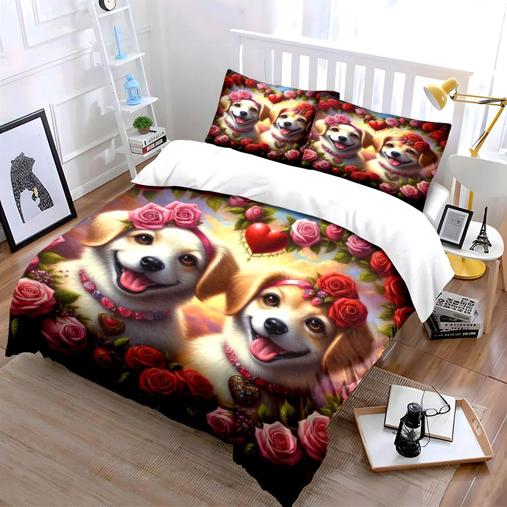 Golden Dogs with Rose Garland Bedding Duvet Cover Set (1*Duvet Cover 2*Pillowcases, without duvet insert)